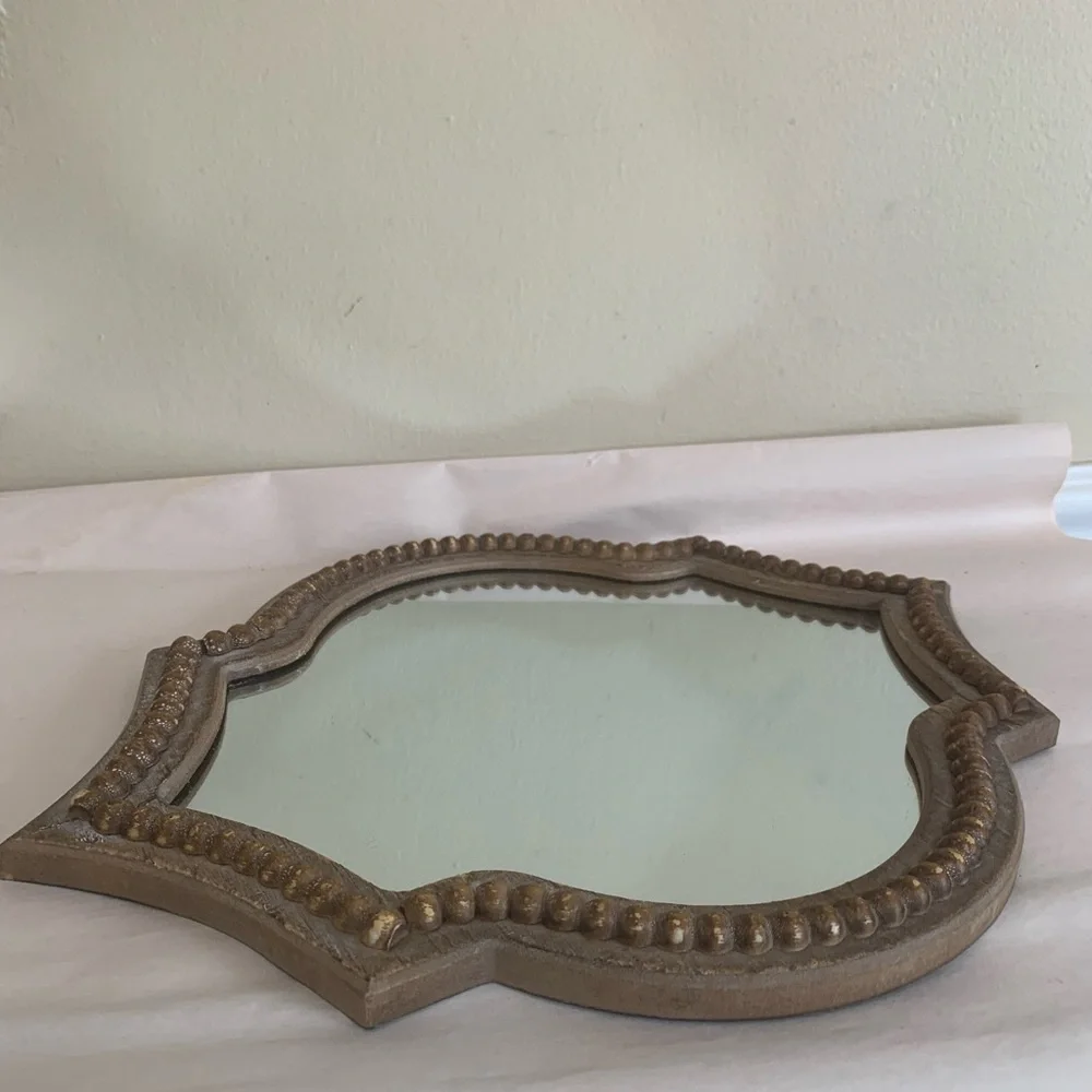 At Home Moroccan Quatrefoil Wall Mirror 16”Accent Distressed Wood beaded Rustic